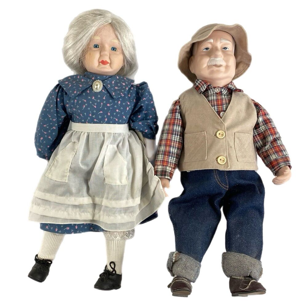“The Good Old Days” Grandmother & Grandfather Dolls Porcelain Head Arms Legs 16”